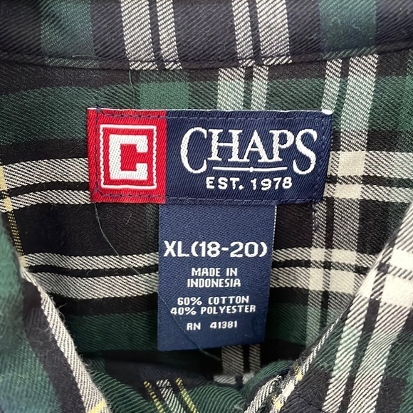 Chaps Youth Boy Green Black White Plaid Button Down Dress Shirt NWOT Sz XL 18 20 - Picture 3 of 5